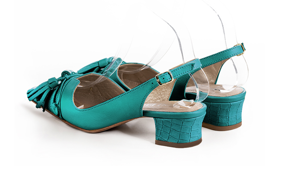 Turquoise blue women's open back shoes, with a knot. Tapered toe. Low kitten heels. Rear view - Florence KOOIJMAN